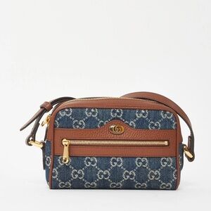 GUCCI Brown Leather & Blue Denim Monogram Mini Ophidia Crossbody Bag